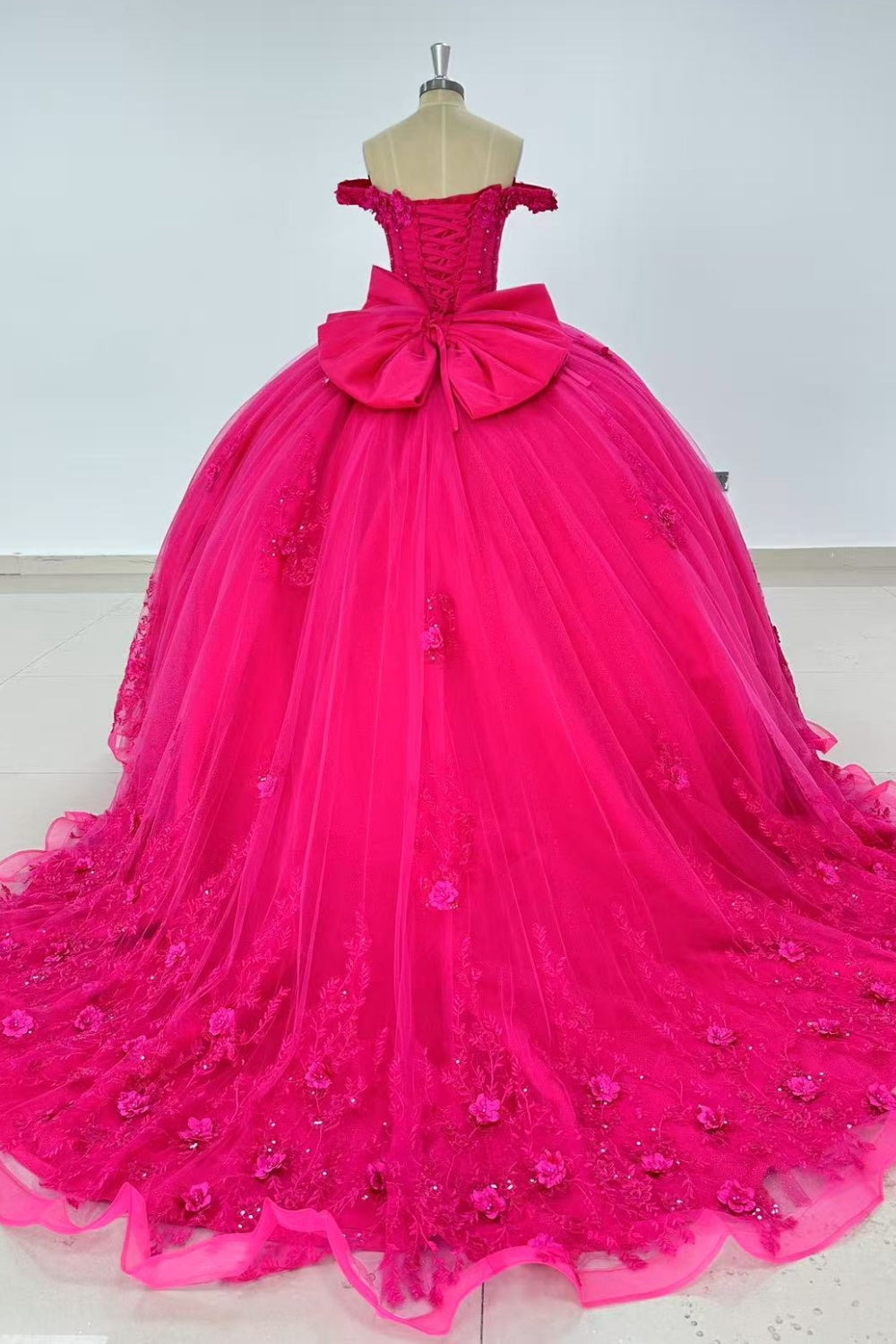 Off Shoulder Sleeveless 3D Flower Appliques Beaded Bow Knot Hot Pink Quinceañera Dress Y1014
