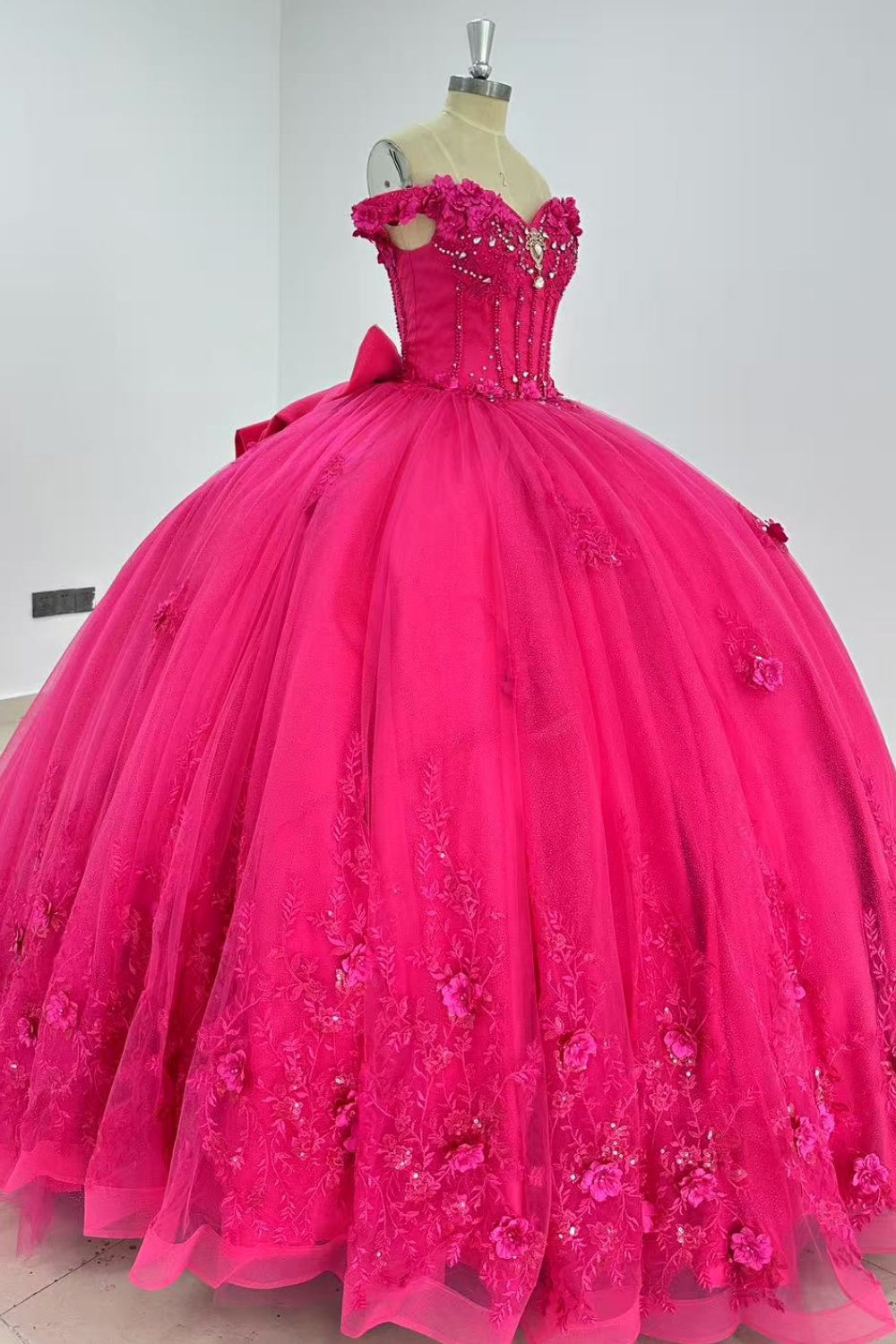 Off Shoulder Sleeveless 3D Flower Appliques Beaded Bow Knot Hot Pink Quinceañera Dress Y1014