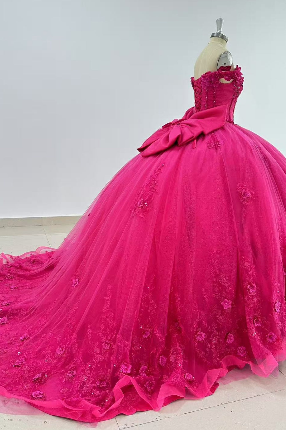 Off Shoulder Sleeveless 3D Flower Appliques Beaded Bow Knot Hot Pink Quinceañera Dress Y1014