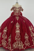 Off Shoulder Spaghetti Straps Sleeveless Beaded Gold Appliques Bow Knot Burgundy Quinceañera Dress Y1015