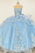 Sweetheart Sleeveless Beaded Appliques Ruffles Tiered Bow Knot Baby Blue Quinceañera Dress Y1016
