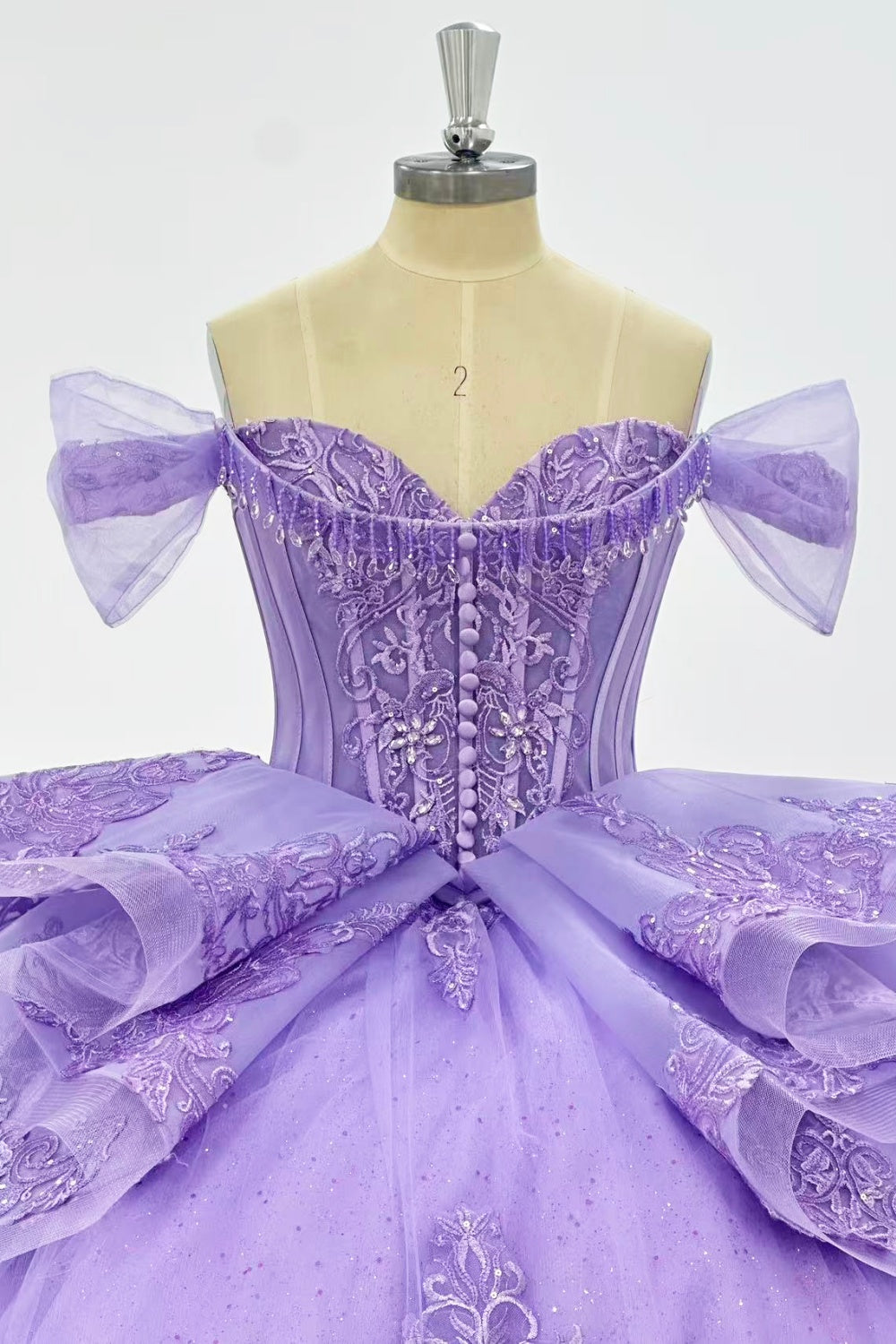 Off Shoulder Sleeveless Two Piece Beaded Sequins Appliques Ruffles Lilac Quinceañera Dress Y1017