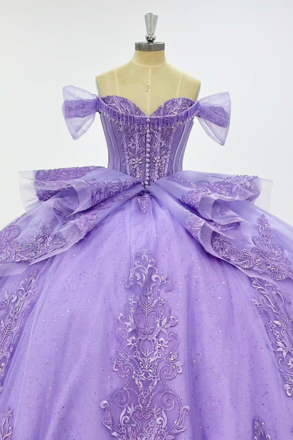 Off Shoulder Sleeveless Two Piece Beaded Sequins Appliques Ruffles Lilac Quinceañera Dress Y1017