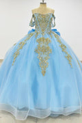 Off Shoulder Sleeveless Beaded Gold Sequins Appliques Ruffles Bow Knot Baby Blue Quinceañera Dress Y1020