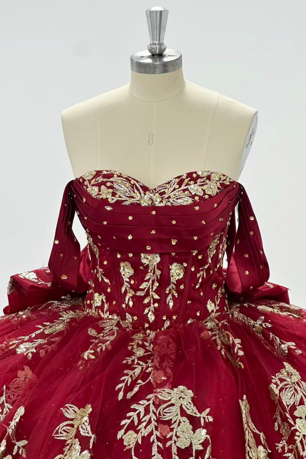 Off Shoulder Sleeveless Sequins Appliques Bow Knot Burgundy Quinceañera Dress Y1022