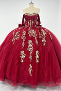 Off Shoulder Sleeveless Sequins Appliques Bow Knot Burgundy Quinceañera Dress Y1022