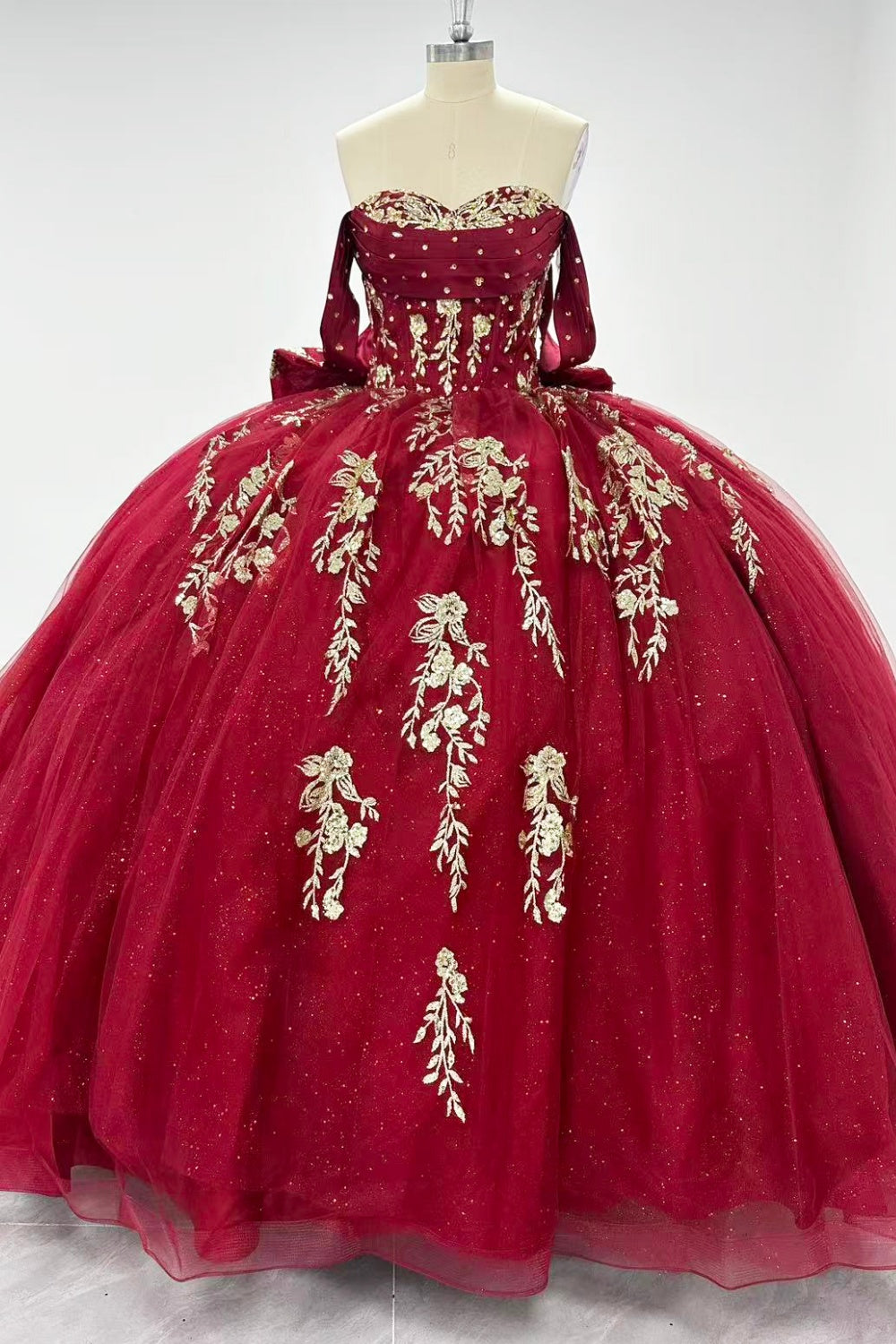Off Shoulder Sleeveless Sequins Appliques Bow Knot Burgundy Quinceañera Dress Y1022