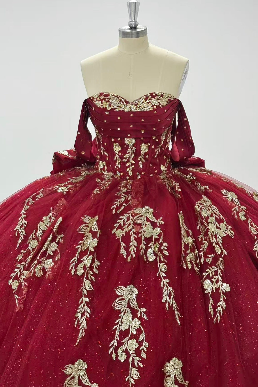 Off Shoulder Sleeveless Sequins Appliques Bow Knot Burgundy Quinceañera Dress Y1022