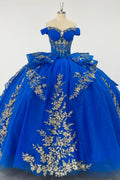 Off Shoulder Sleeveless Gold Appliques Ruffles Royal Blue Quinceañera Dress Y1024