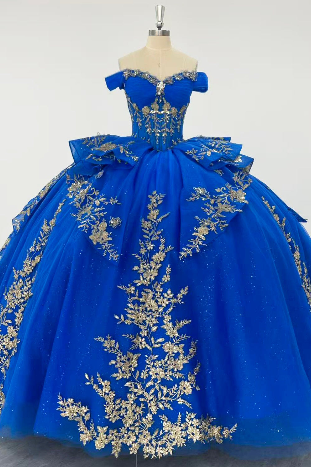 Off Shoulder Sleeveless Gold Appliques Ruffles Royal Blue Quinceañera Dress Y1024
