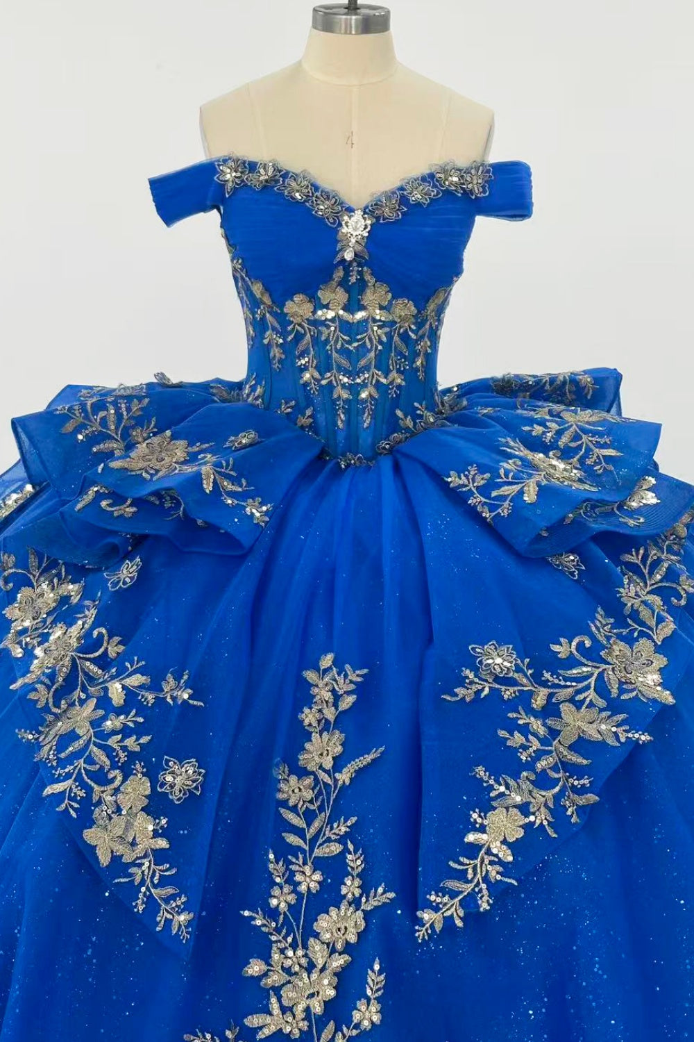 Off Shoulder Sleeveless Gold Appliques Ruffles Royal Blue Quinceañera Dress Y1024