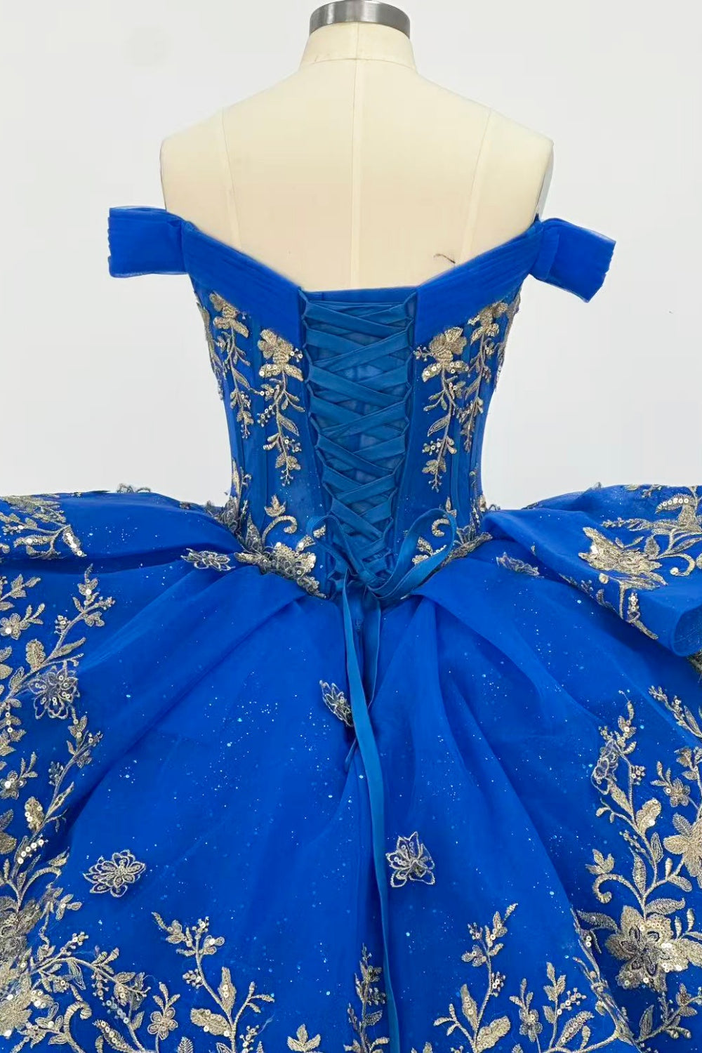 Off Shoulder Sleeveless Gold Appliques Ruffles Royal Blue Quinceañera Dress Y1024