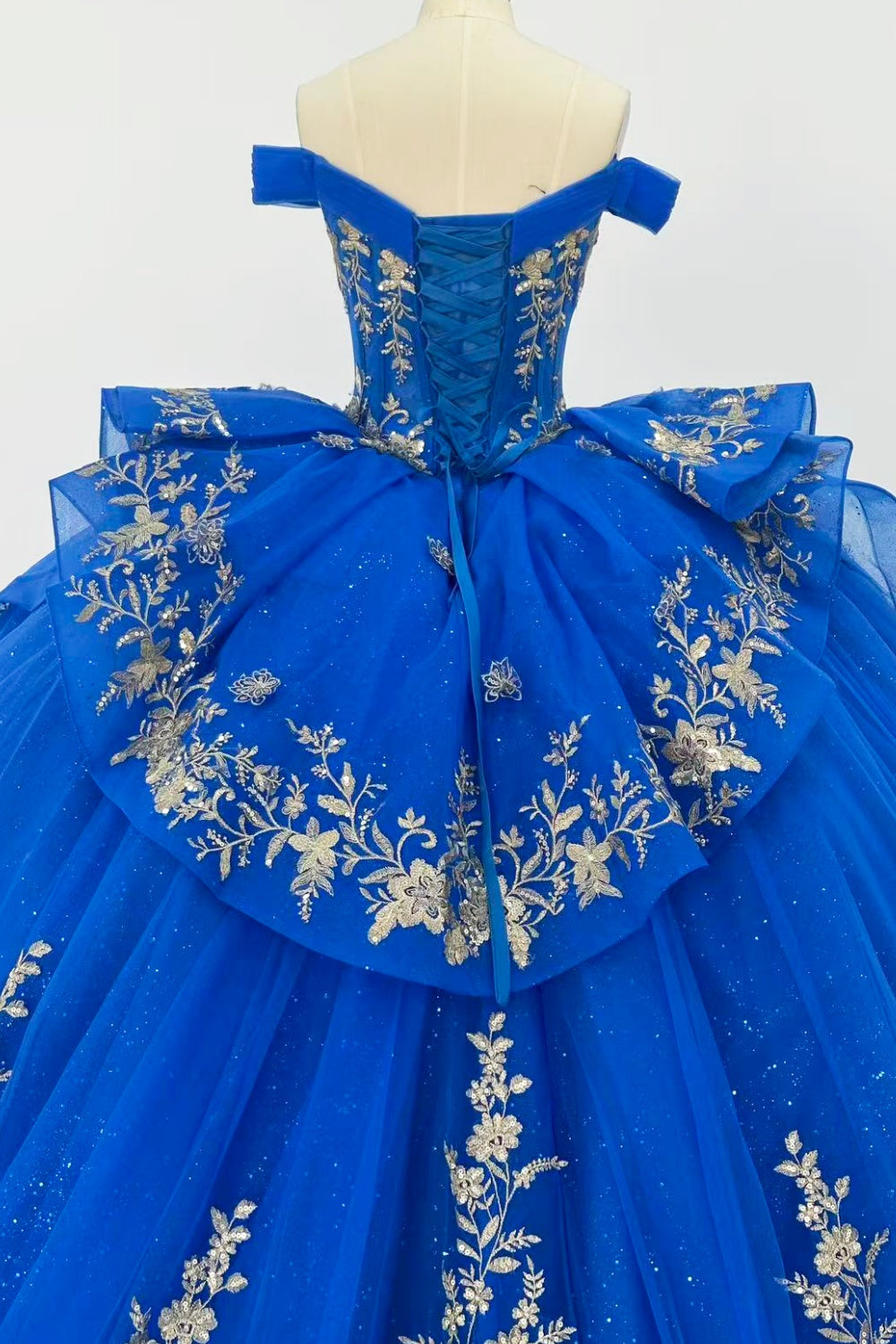 Off Shoulder Sleeveless Gold Appliques Ruffles Royal Blue Quinceañera Dress Y1024