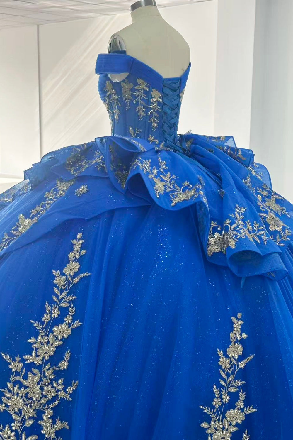 Off Shoulder Sleeveless Gold Appliques Ruffles Royal Blue Quinceañera Dress Y1024