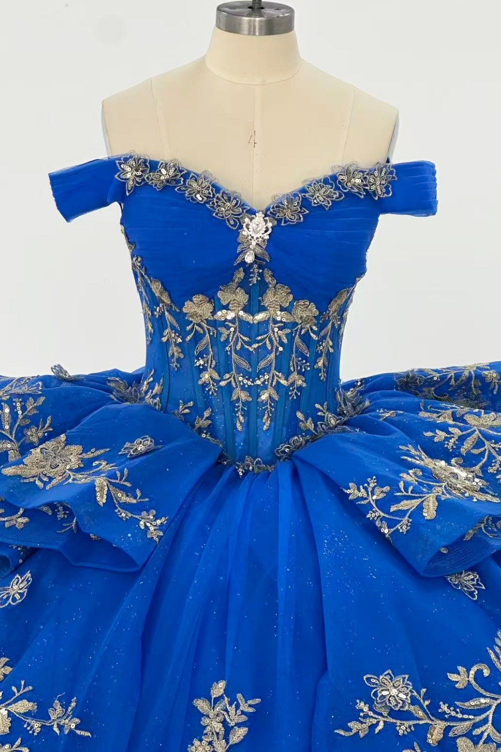Off Shoulder Sleeveless Gold Appliques Ruffles Royal Blue Quinceañera Dress Y1024