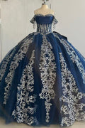 Off Shoulder Sleeveless Silver Sequins Appliques Navy Quinceañera Dress Y1025