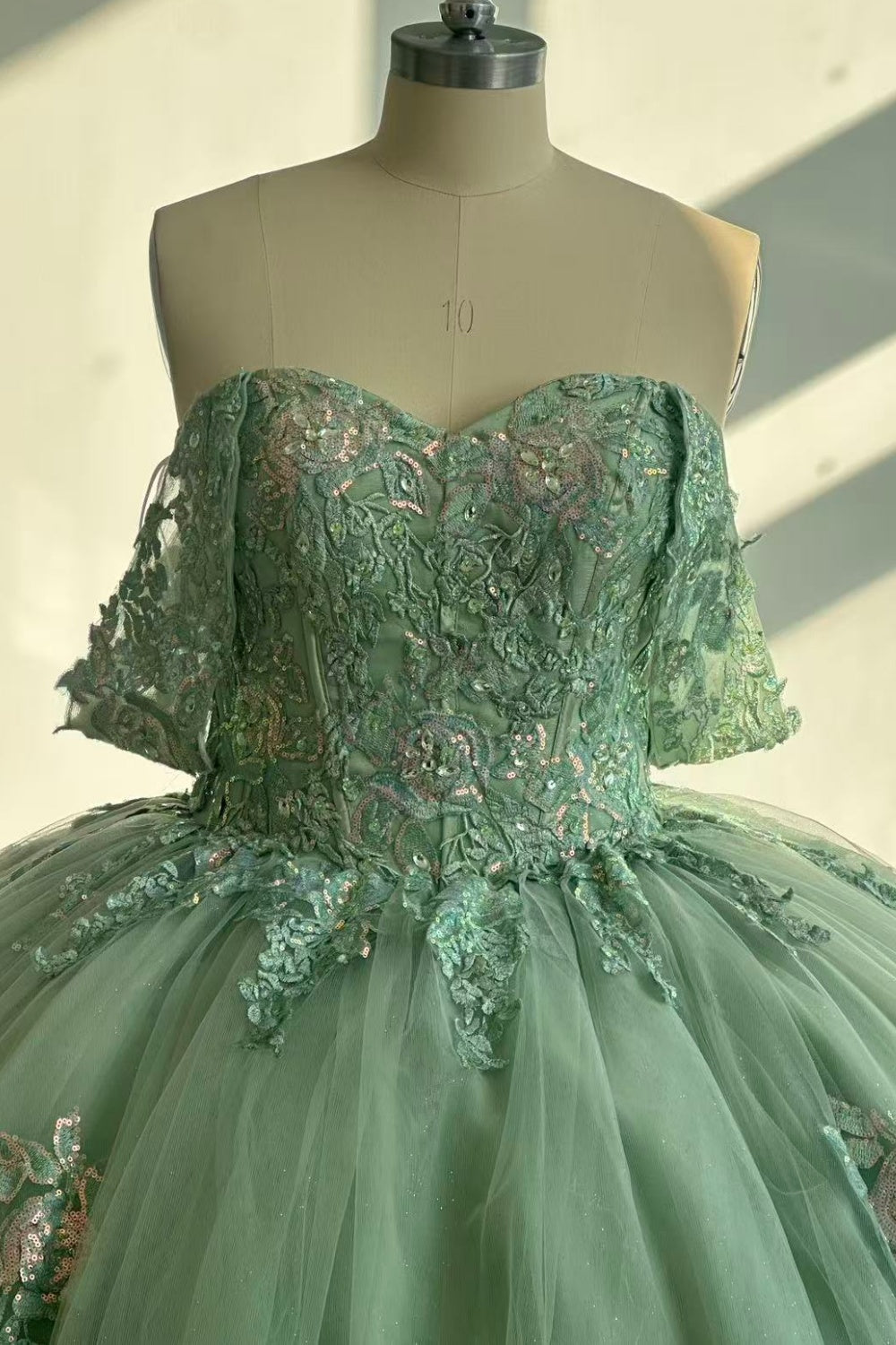 Off Shoulder Sleeveless Sequins Appliques Sage Green Quinceañera Dress Y1026