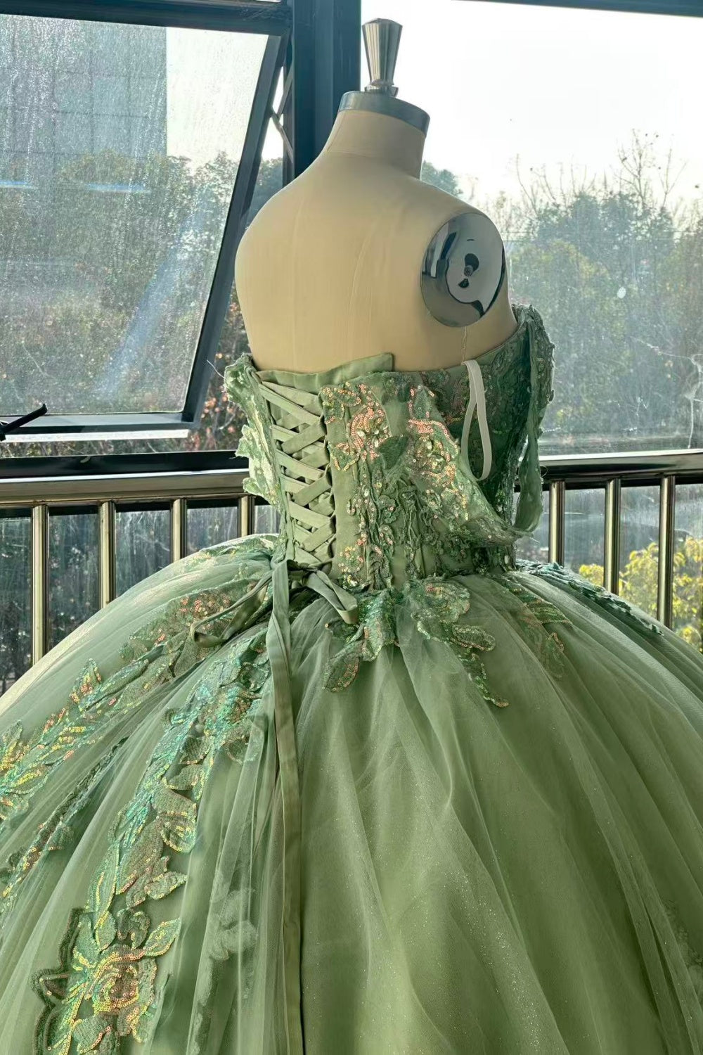 Off Shoulder Sleeveless Sequins Appliques Sage Green Quinceañera Dress Y1026