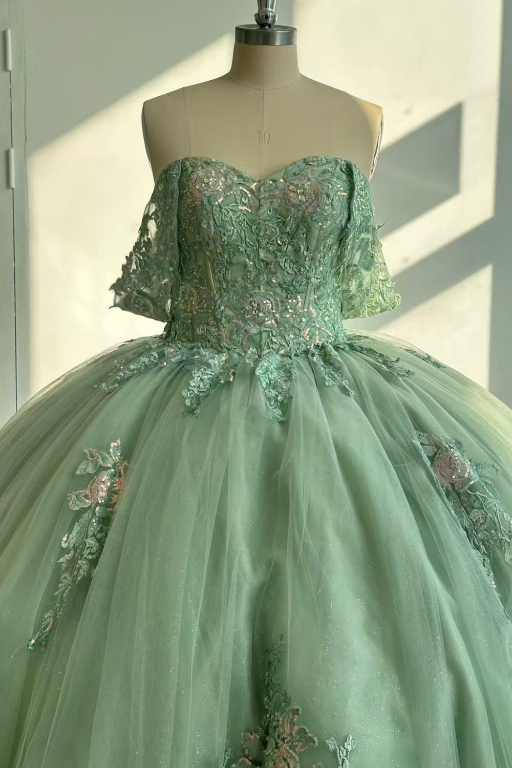 Off Shoulder Sleeveless Sequins Appliques Sage Green Quinceañera Dress Y1026