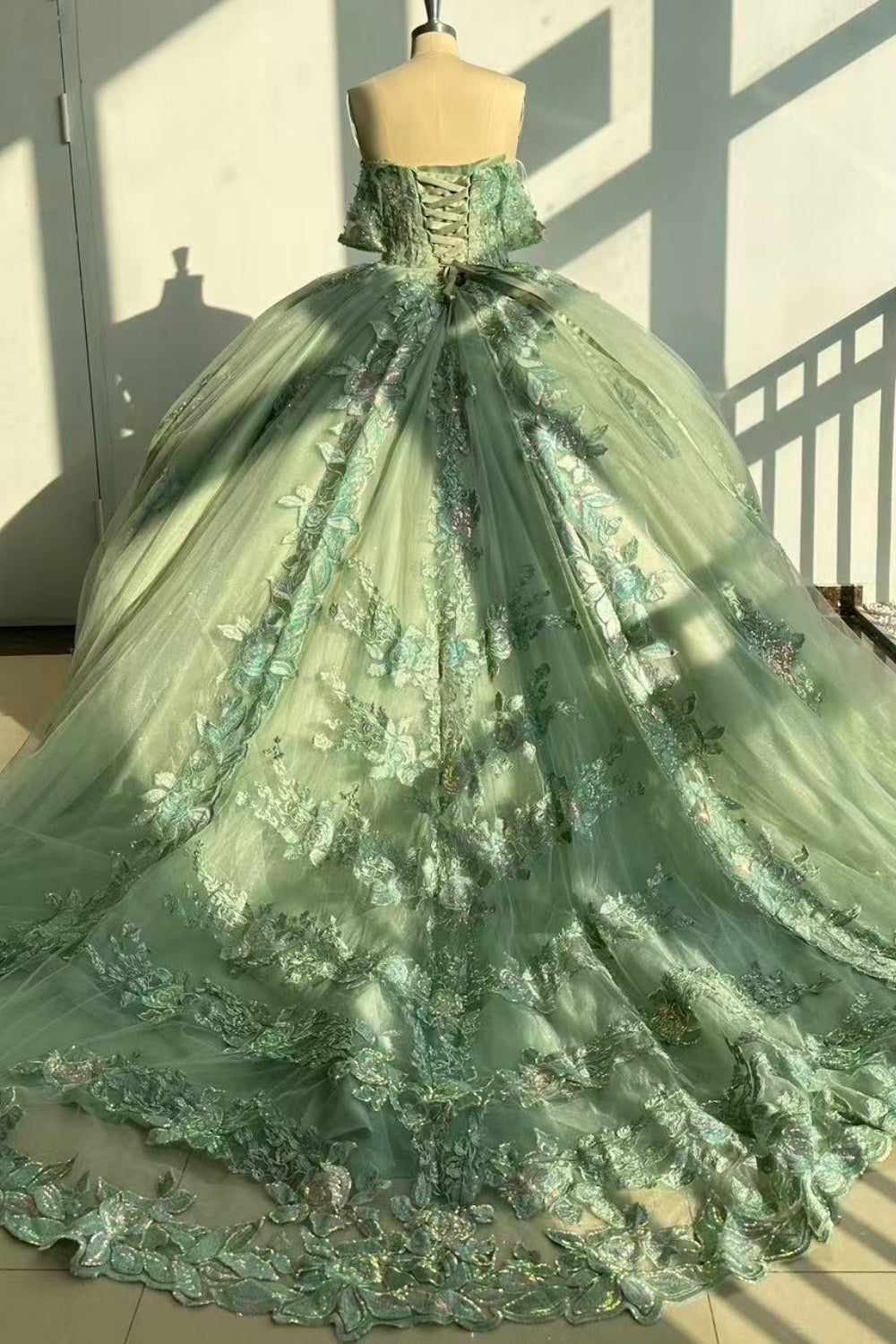 Off Shoulder Sleeveless Sequins Appliques Sage Green Quinceañera Dress Y1026