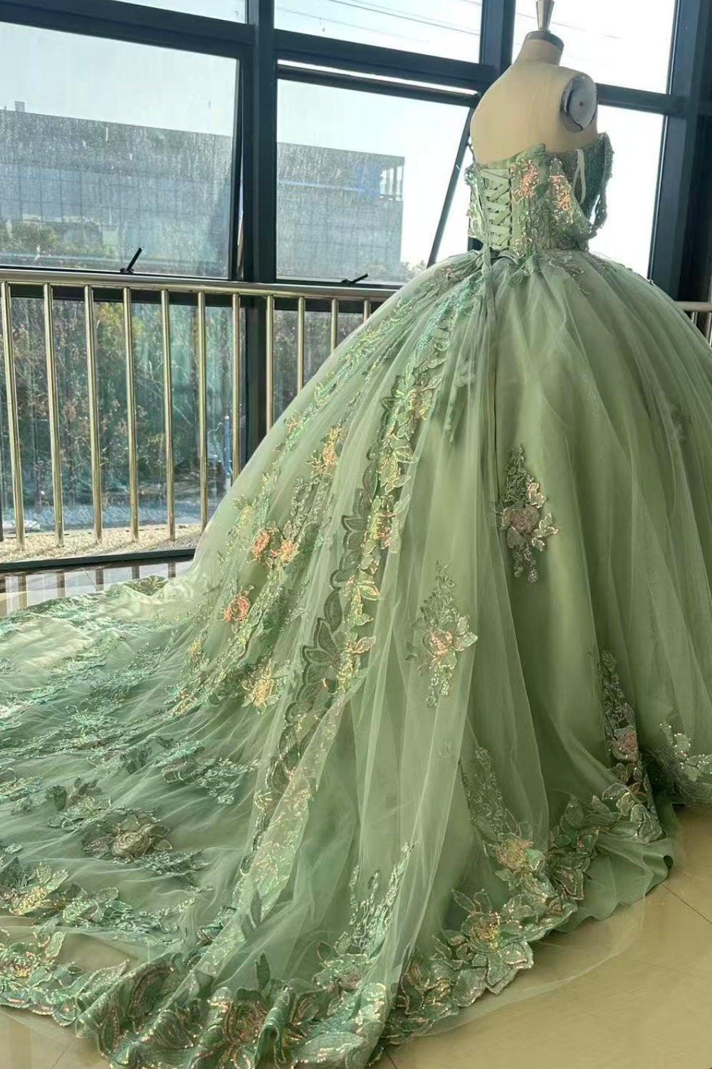 Off Shoulder Sleeveless Sequins Appliques Sage Green Quinceañera Dress Y1026