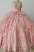 Strapless Sleeveless Ruffles Sequins Appliques Ruffles Tiered Pink Quinceañera Dress Y1027