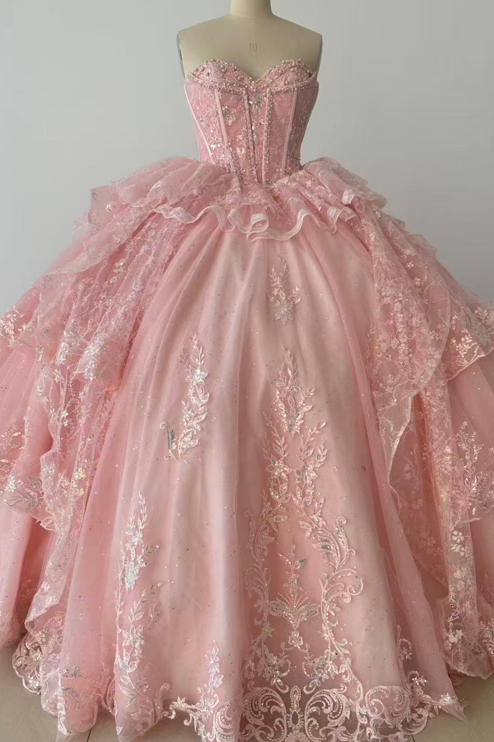 Strapless Sleeveless Ruffles Sequins Appliques Ruffles Tiered Pink Quinceañera Dress Y1027