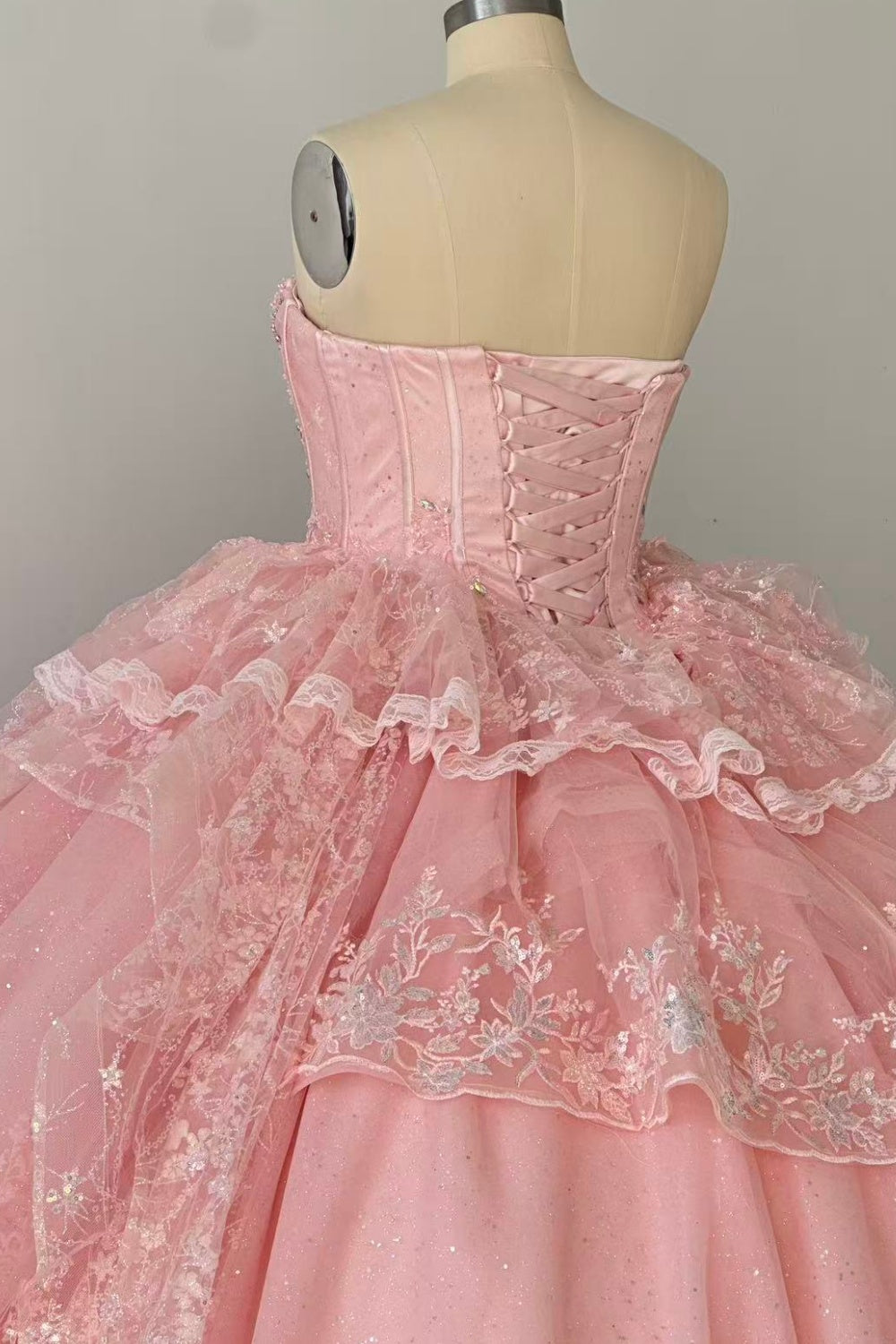Strapless Sleeveless Ruffles Sequins Appliques Ruffles Tiered Pink Quinceañera Dress Y1027