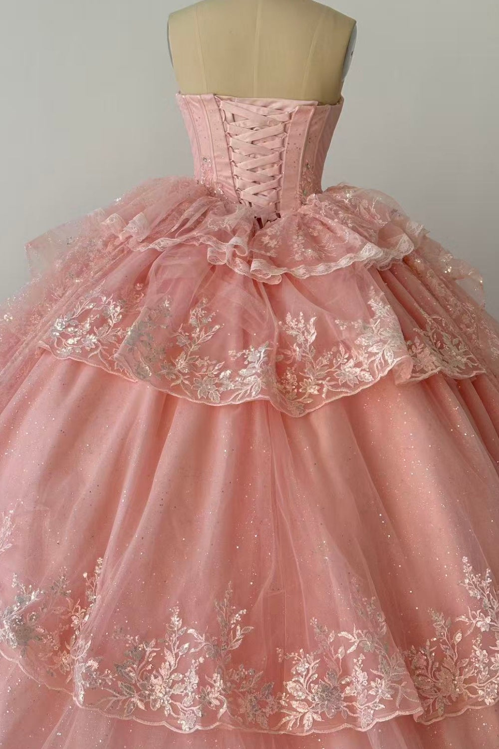 Strapless Sleeveless Ruffles Sequins Appliques Ruffles Tiered Pink Quinceañera Dress Y1027