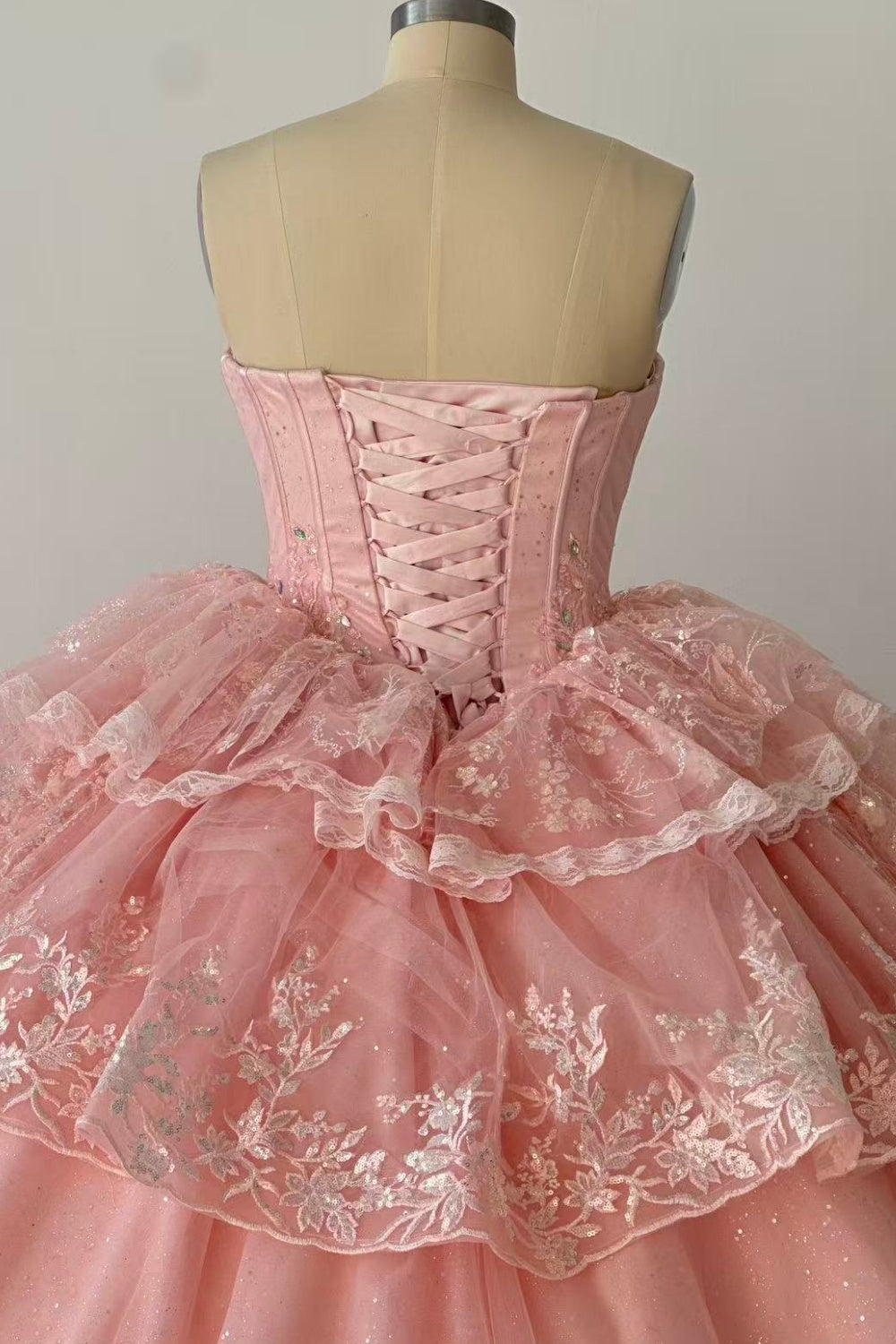 Strapless Sleeveless Ruffles Sequins Appliques Ruffles Tiered Pink Quinceañera Dress Y1027
