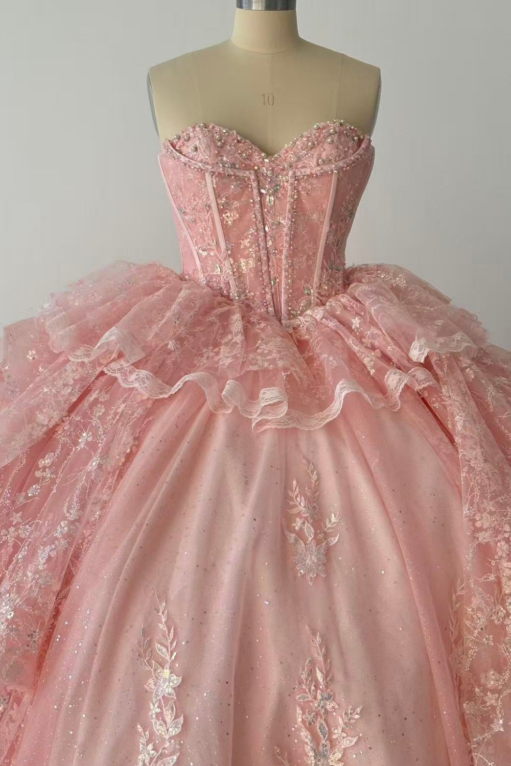 Strapless Sleeveless Ruffles Sequins Appliques Ruffles Tiered Pink Quinceañera Dress Y1027