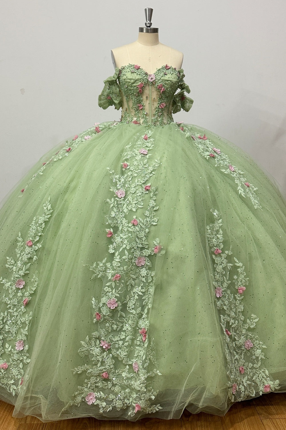 Off Shoulder Sleeveless Beaded 3D Flower Appliques Sage Green Quinceañera Dress Y1028