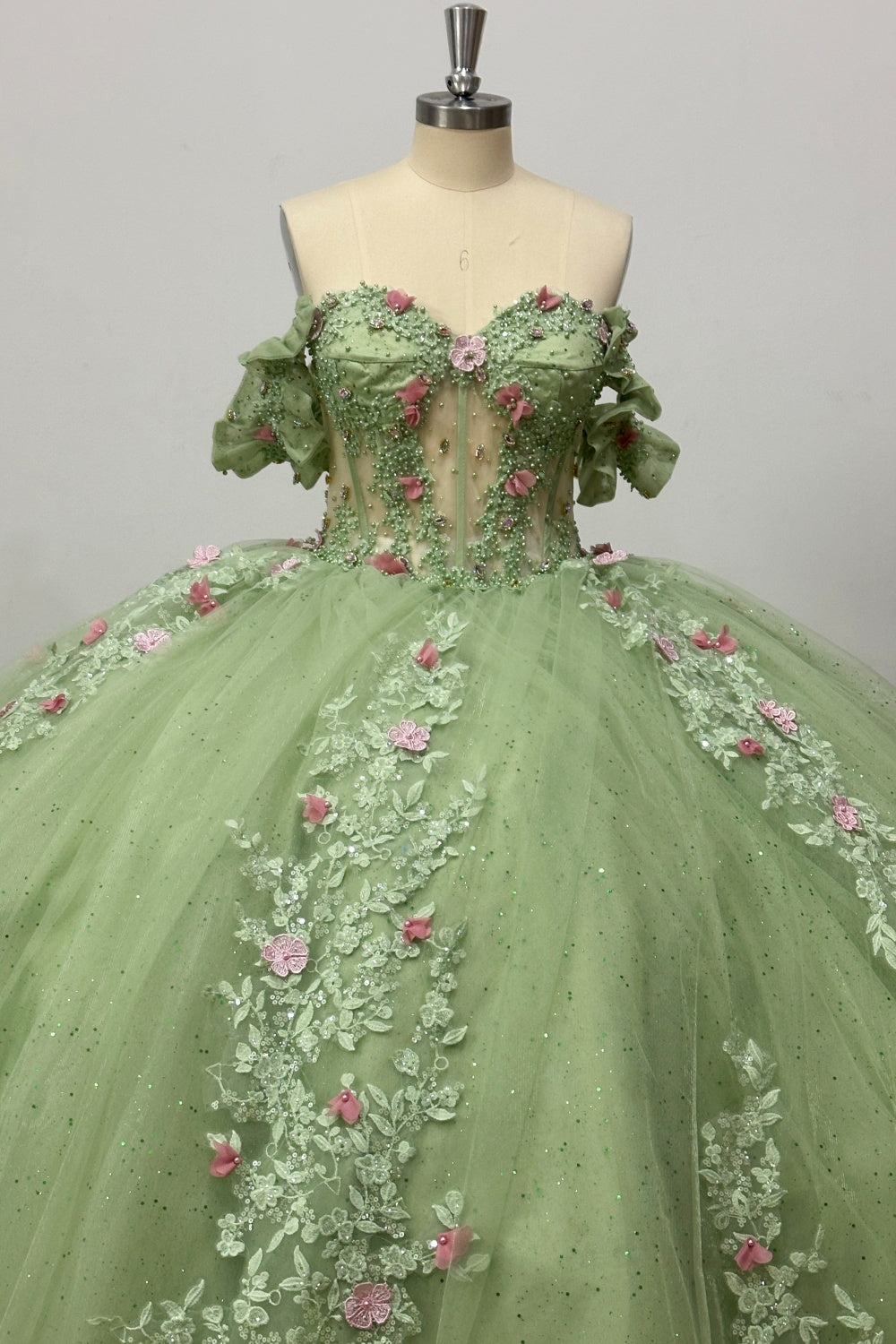 Off Shoulder Sleeveless Beaded 3D Flower Appliques Sage Green Quinceañera Dress Y1028