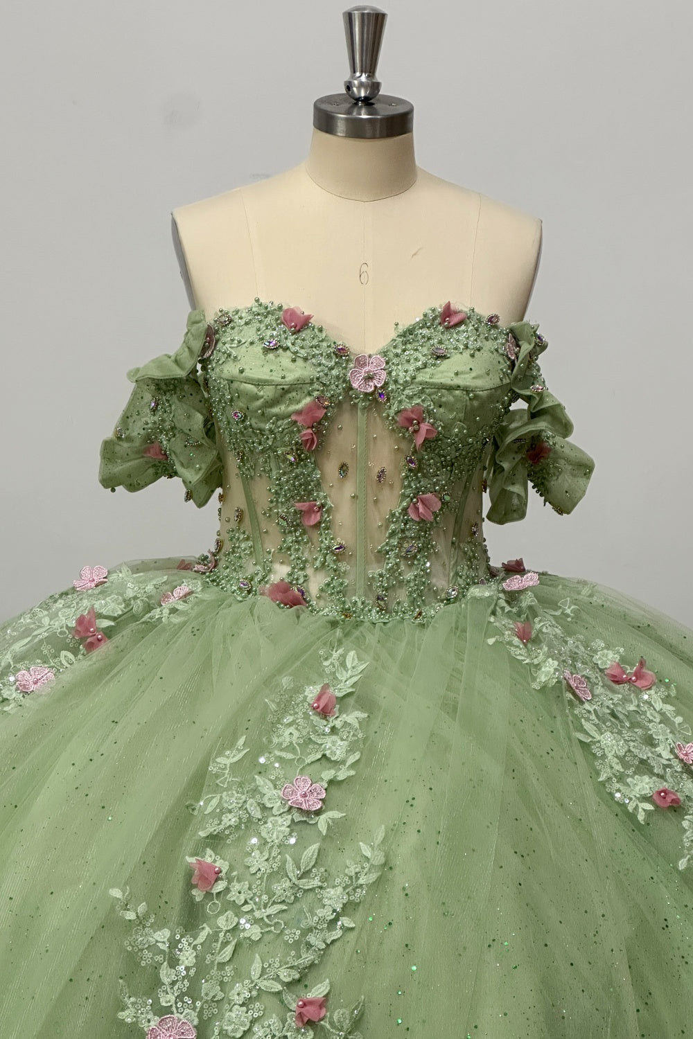 Off Shoulder Sleeveless Beaded 3D Flower Appliques Sage Green Quinceañera Dress Y1028