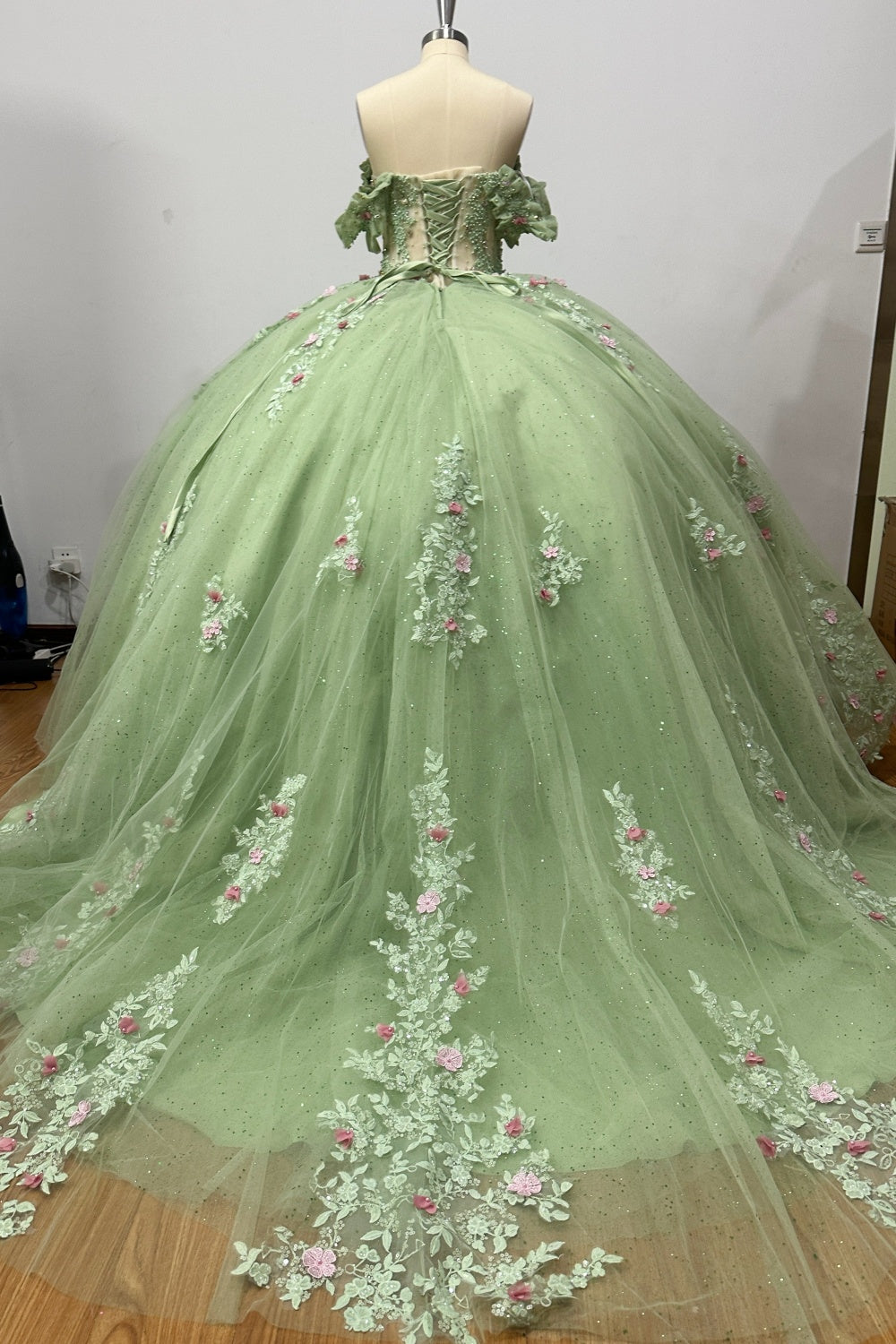 Off Shoulder Sleeveless Beaded 3D Flower Appliques Sage Green Quinceañera Dress Y1028