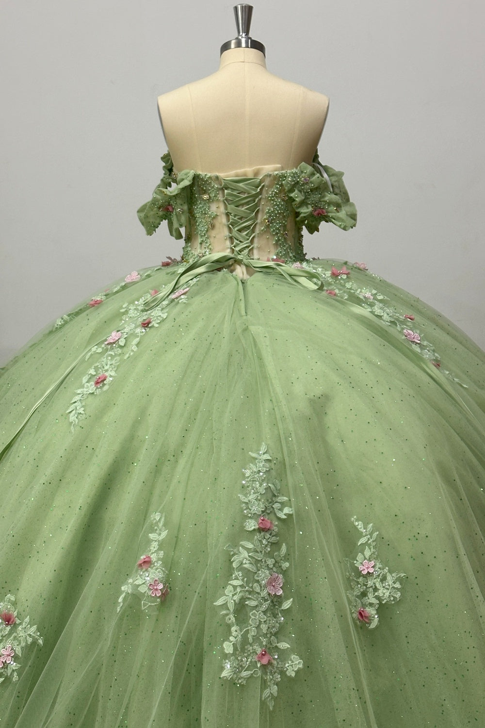 Off Shoulder Sleeveless Beaded 3D Flower Appliques Sage Green Quinceañera Dress Y1028