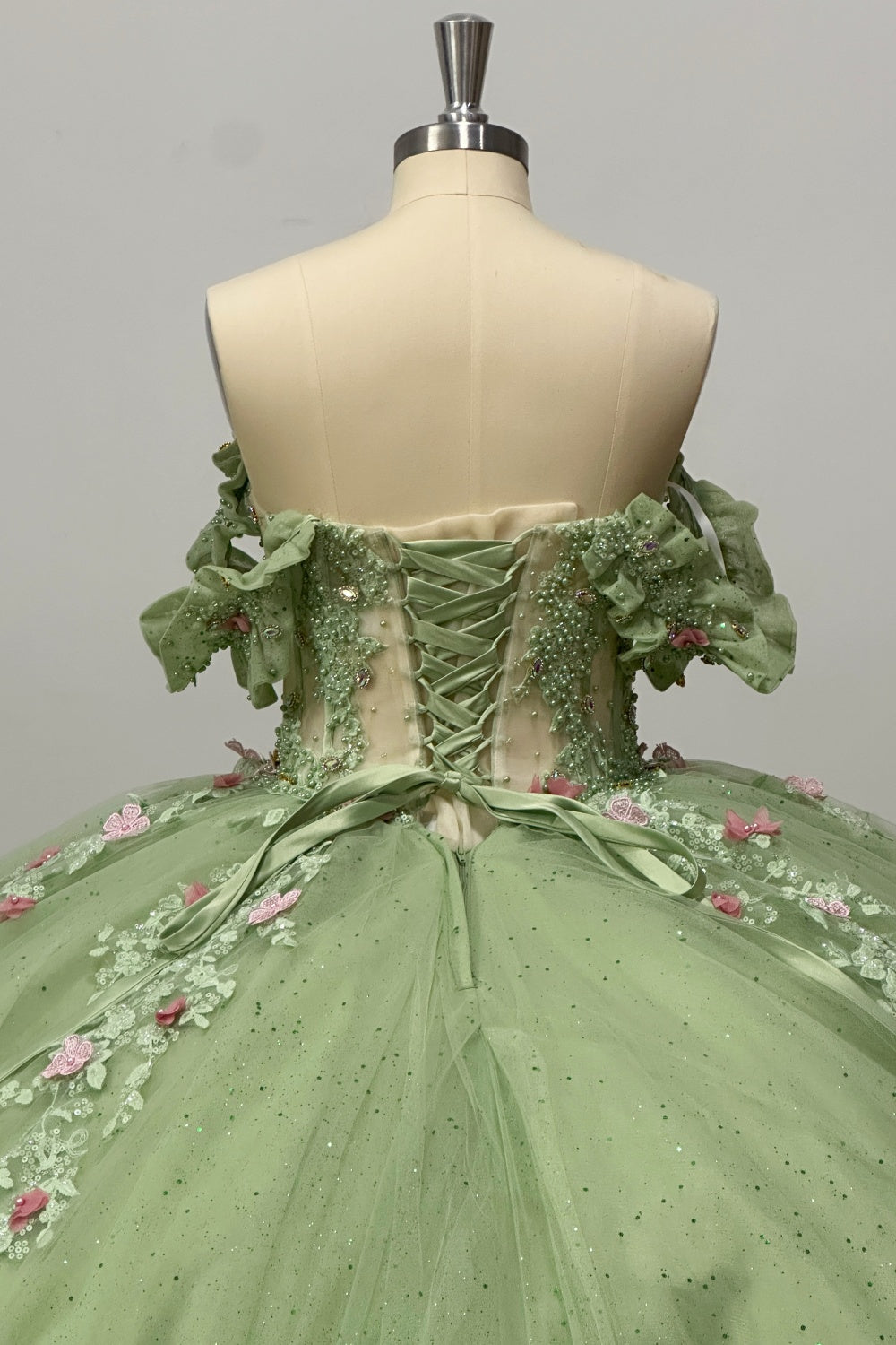 Off Shoulder Sleeveless Beaded 3D Flower Appliques Sage Green Quinceañera Dress Y1028