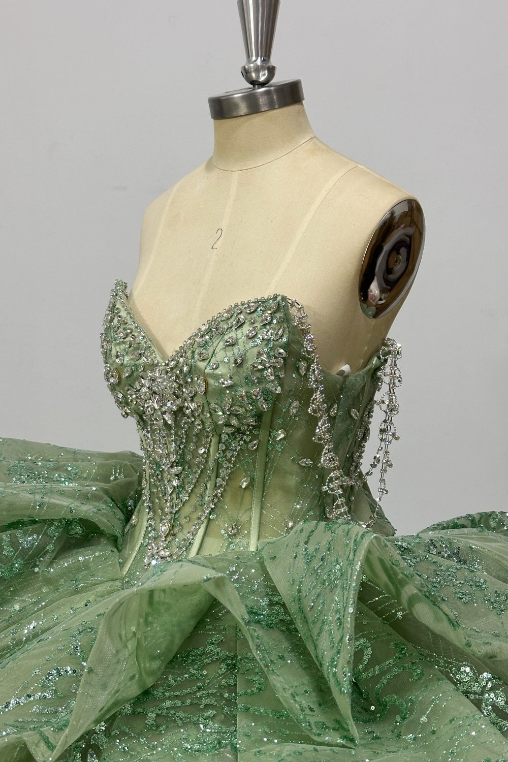 Off Shoulder Sleeveless Beaded Crystal Sage Green Glitter Quinceañera Dress Y1029