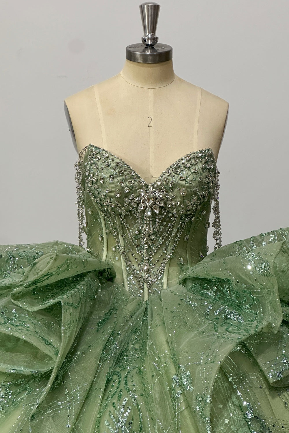 Off Shoulder Sleeveless Beaded Crystal Sage Green Glitter Quinceañera Dress Y1029