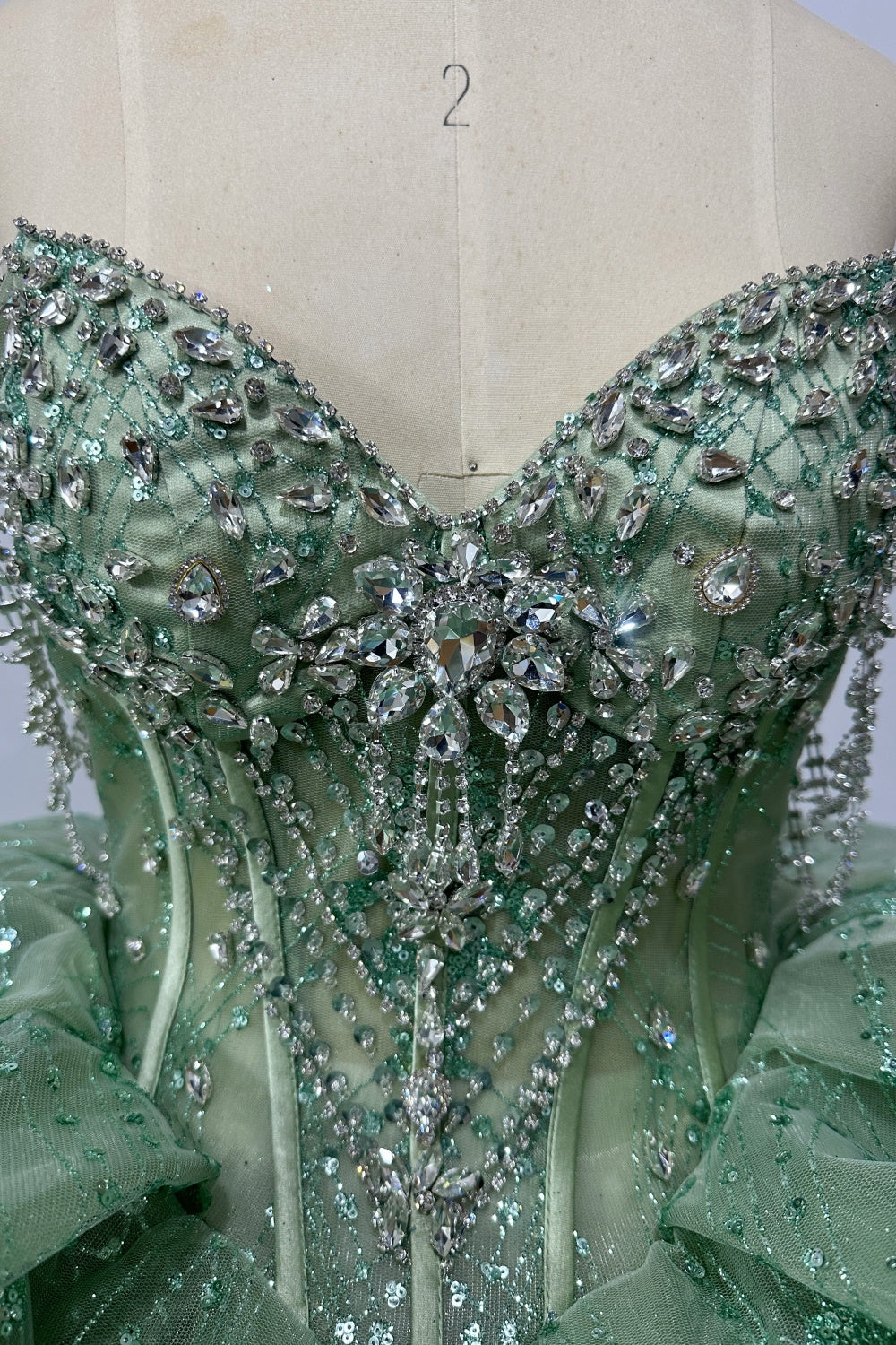 Off Shoulder Sleeveless Beaded Crystal Sage Green Glitter Quinceañera Dress Y1029