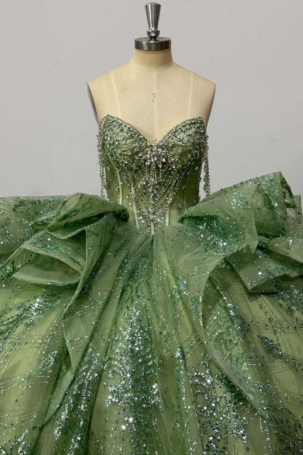 Off Shoulder Sleeveless Beaded Crystal Sage Green Glitter Quinceañera Dress Y1029