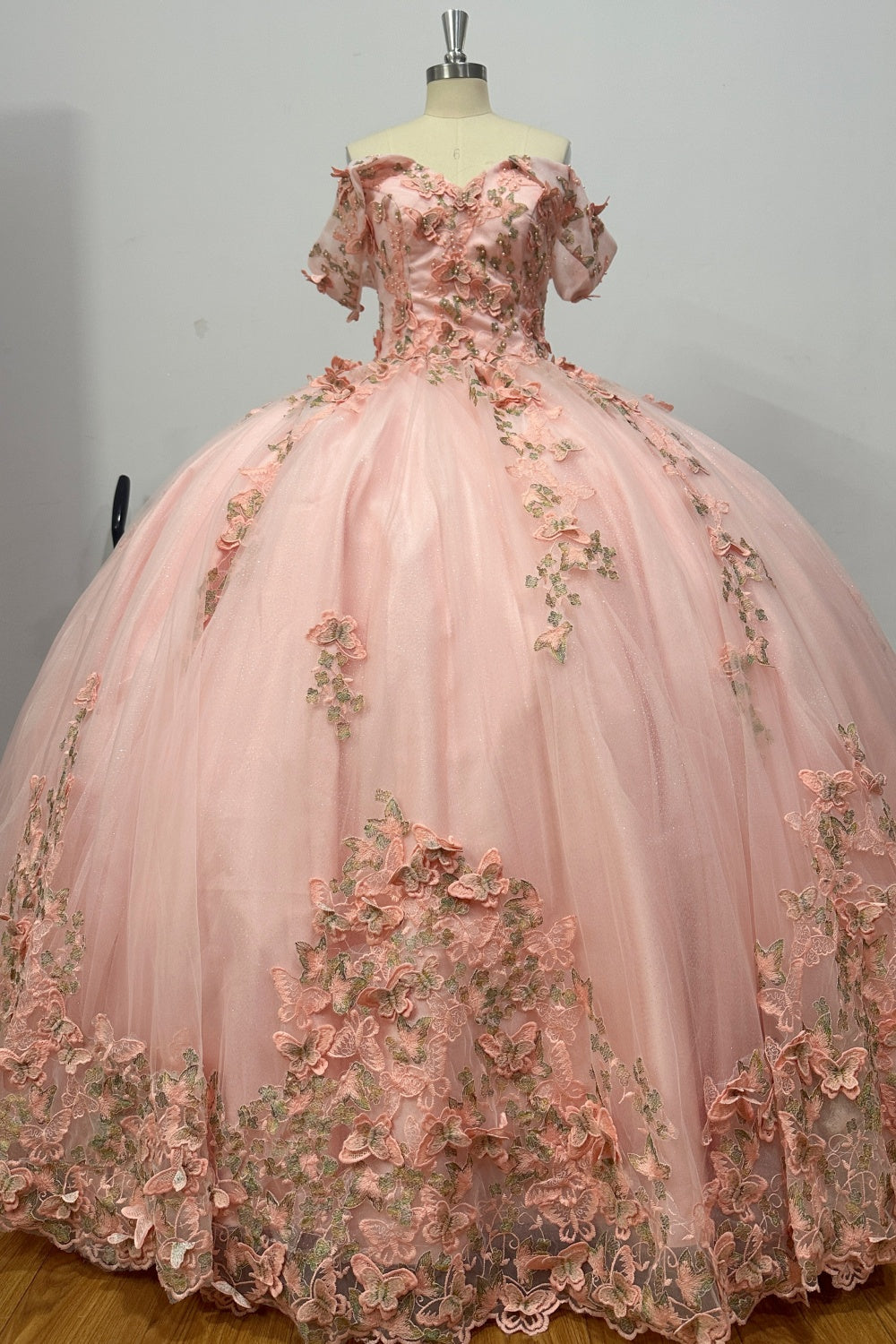 Off Shoulder Sleeveless Beaded 3D Butterfly Appliques Pink Quinceañera Dress Y1031