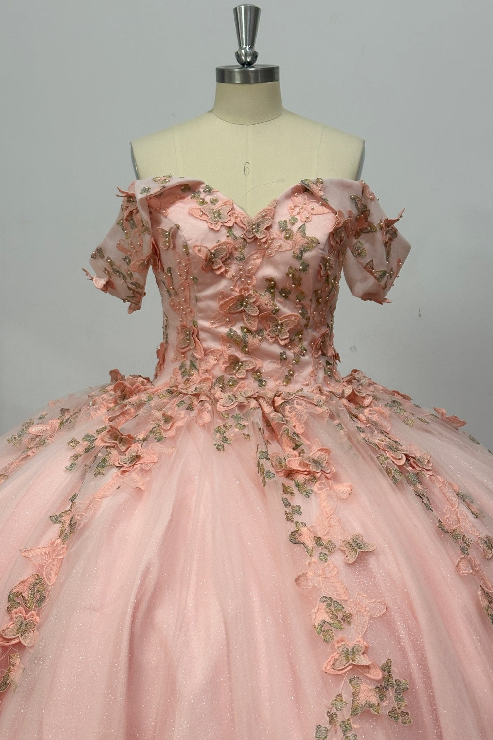 Off Shoulder Sleeveless Beaded 3D Butterfly Appliques Pink Quinceañera Dress Y1031