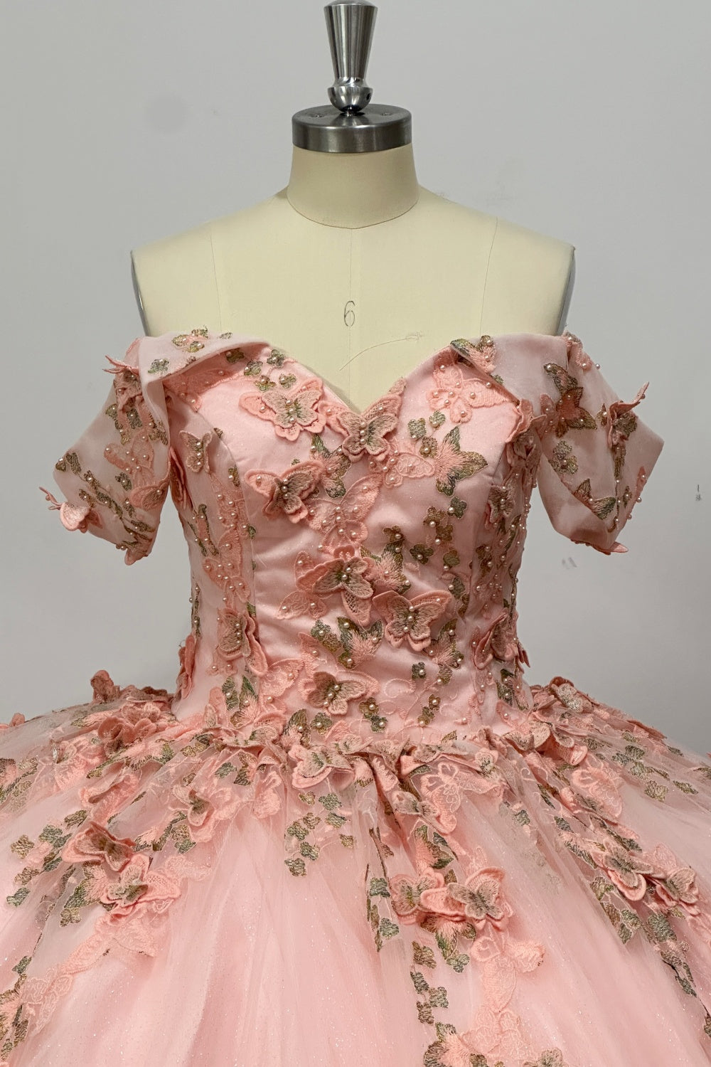 Off Shoulder Sleeveless Beaded 3D Butterfly Appliques Pink Quinceañera Dress Y1031
