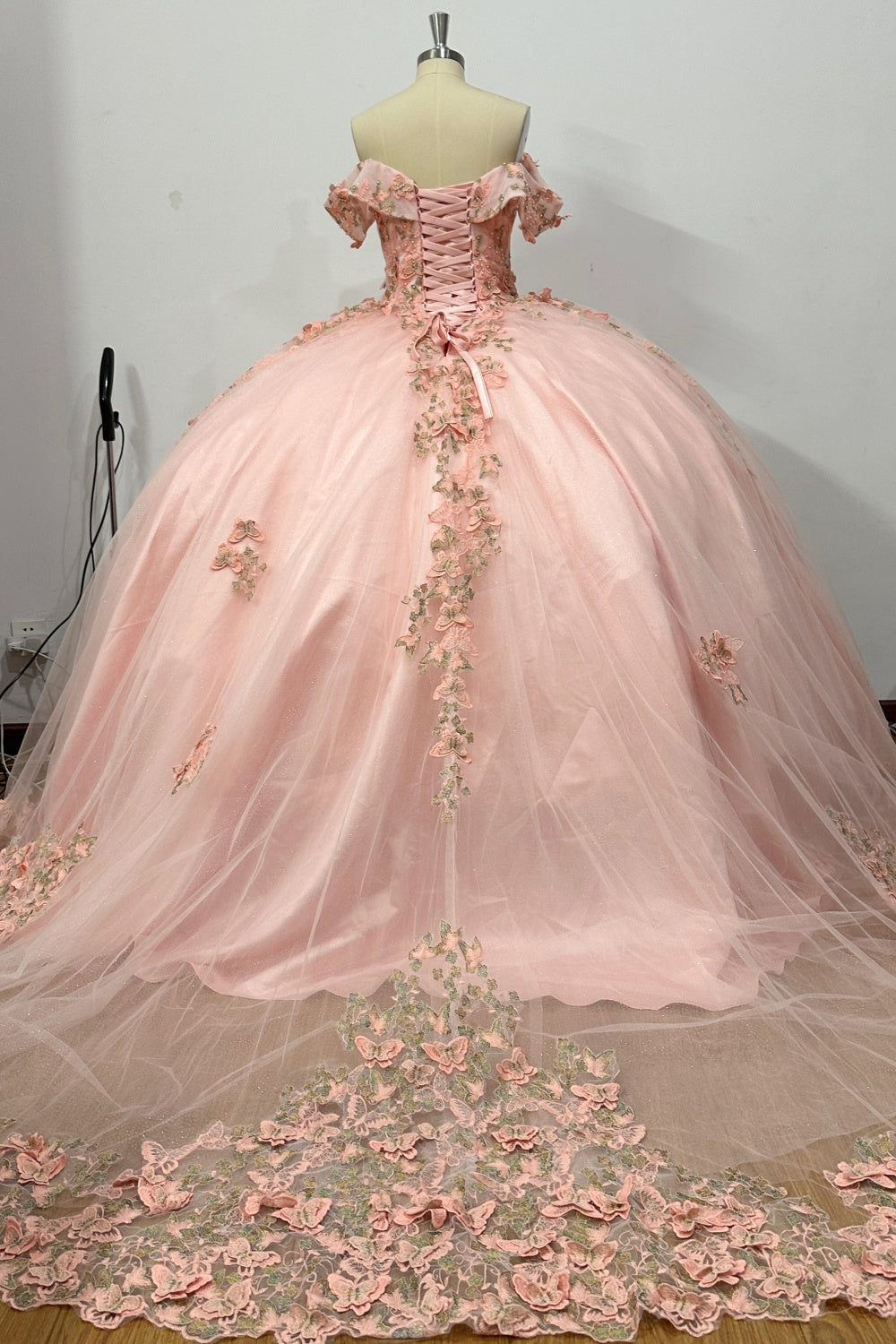 Off Shoulder Sleeveless Beaded 3D Butterfly Appliques Pink Quinceañera Dress Y1031