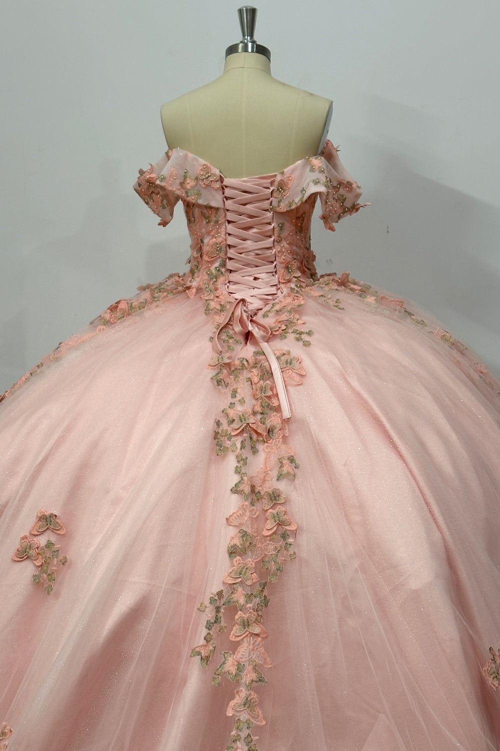 Off Shoulder Sleeveless Beaded 3D Butterfly Appliques Pink Quinceañera Dress Y1031