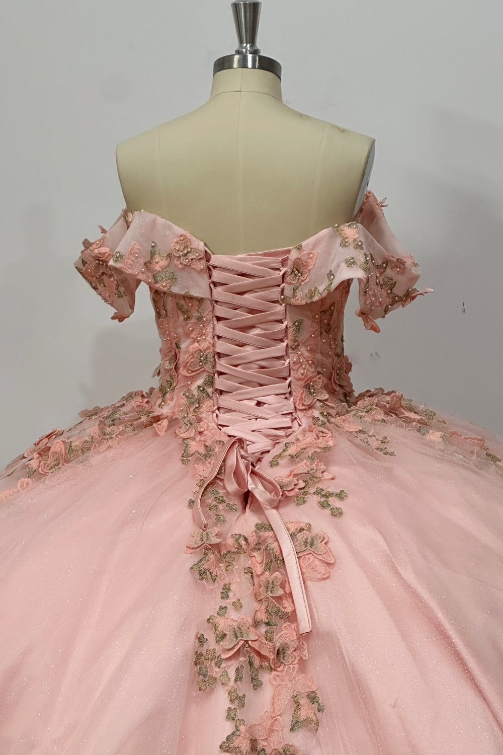Off Shoulder Sleeveless Beaded 3D Butterfly Appliques Pink Quinceañera Dress Y1031
