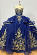 Strapless Sleeveless Beaded Pleated Ruffles Tiered Gold Appliques Navy Blue Quinceañera Dress Y1033