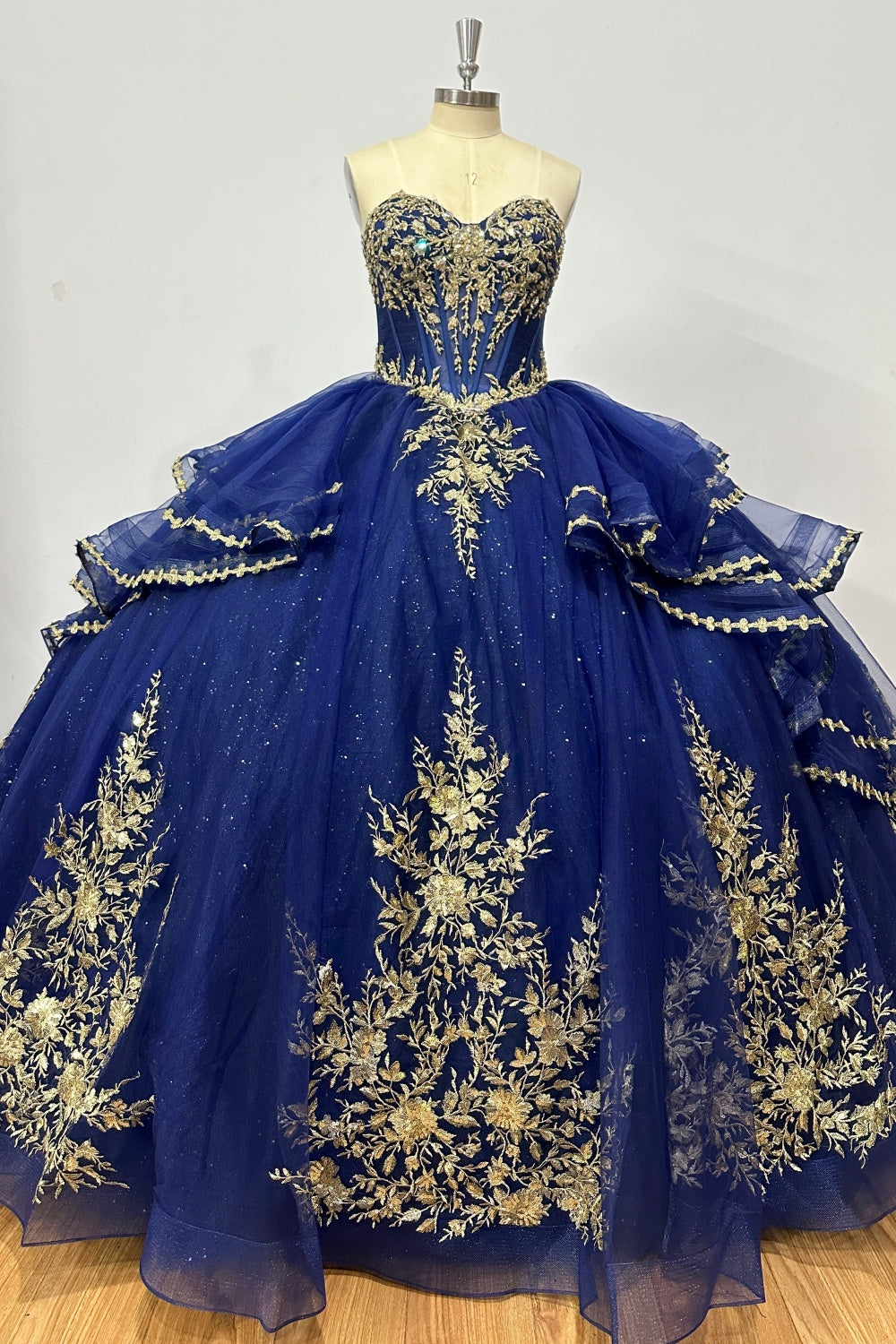 Strapless Sleeveless Beaded Pleated Ruffles Tiered Gold Appliques Navy Blue Quinceañera Dress Y1033