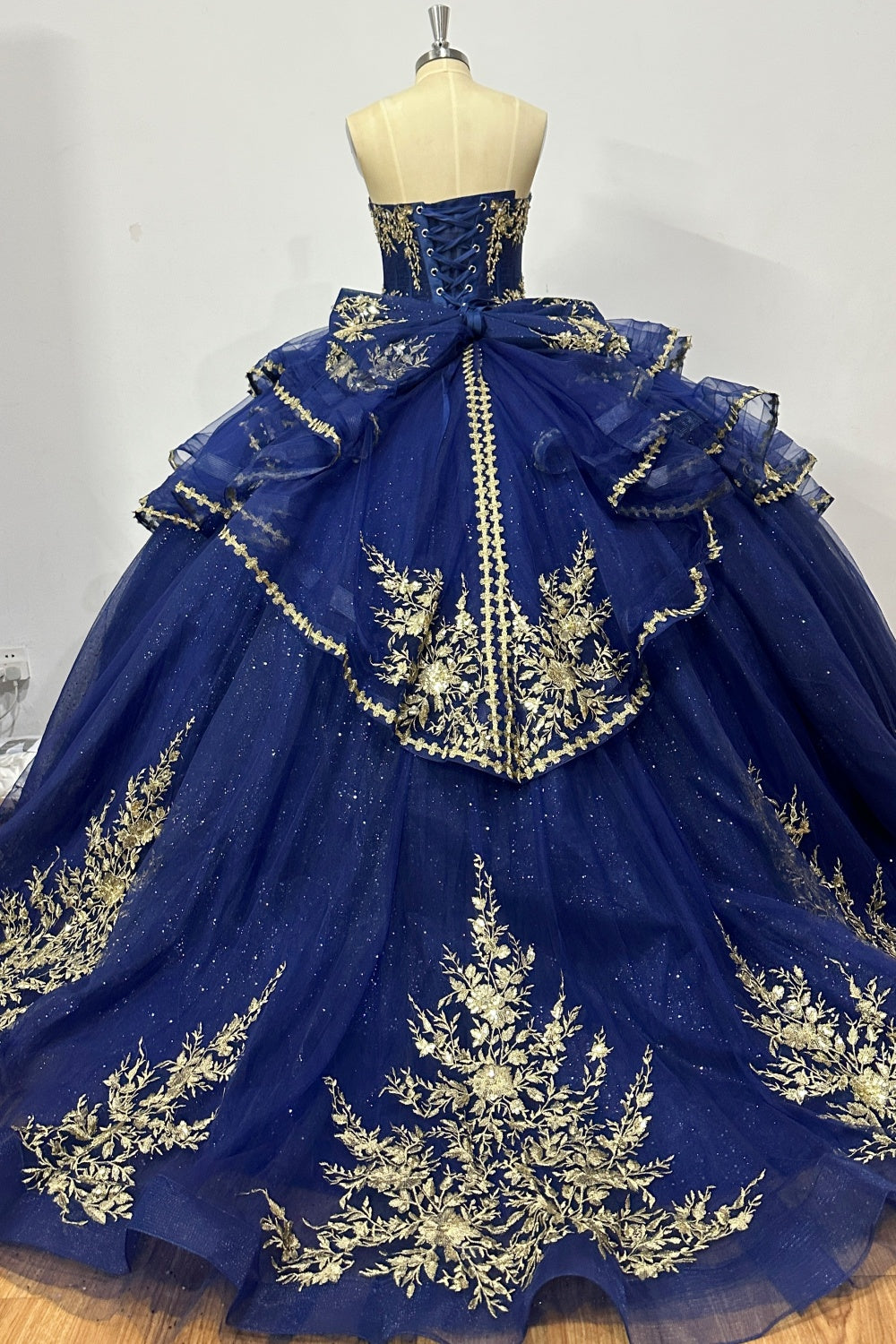 Strapless Sleeveless Beaded Pleated Ruffles Tiered Gold Appliques Navy Blue Quinceañera Dress Y1033